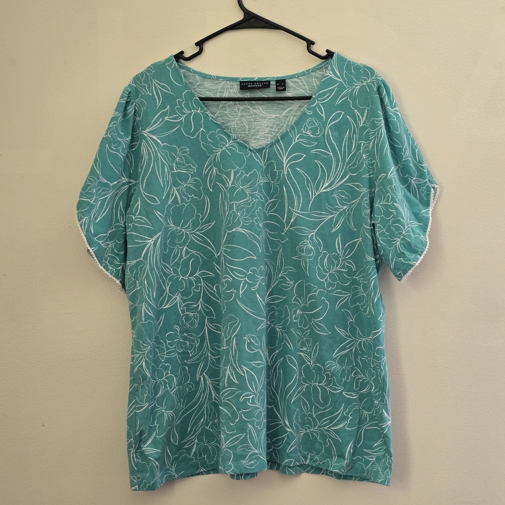 Susan Graver Women's XL Teal Floral Blouse